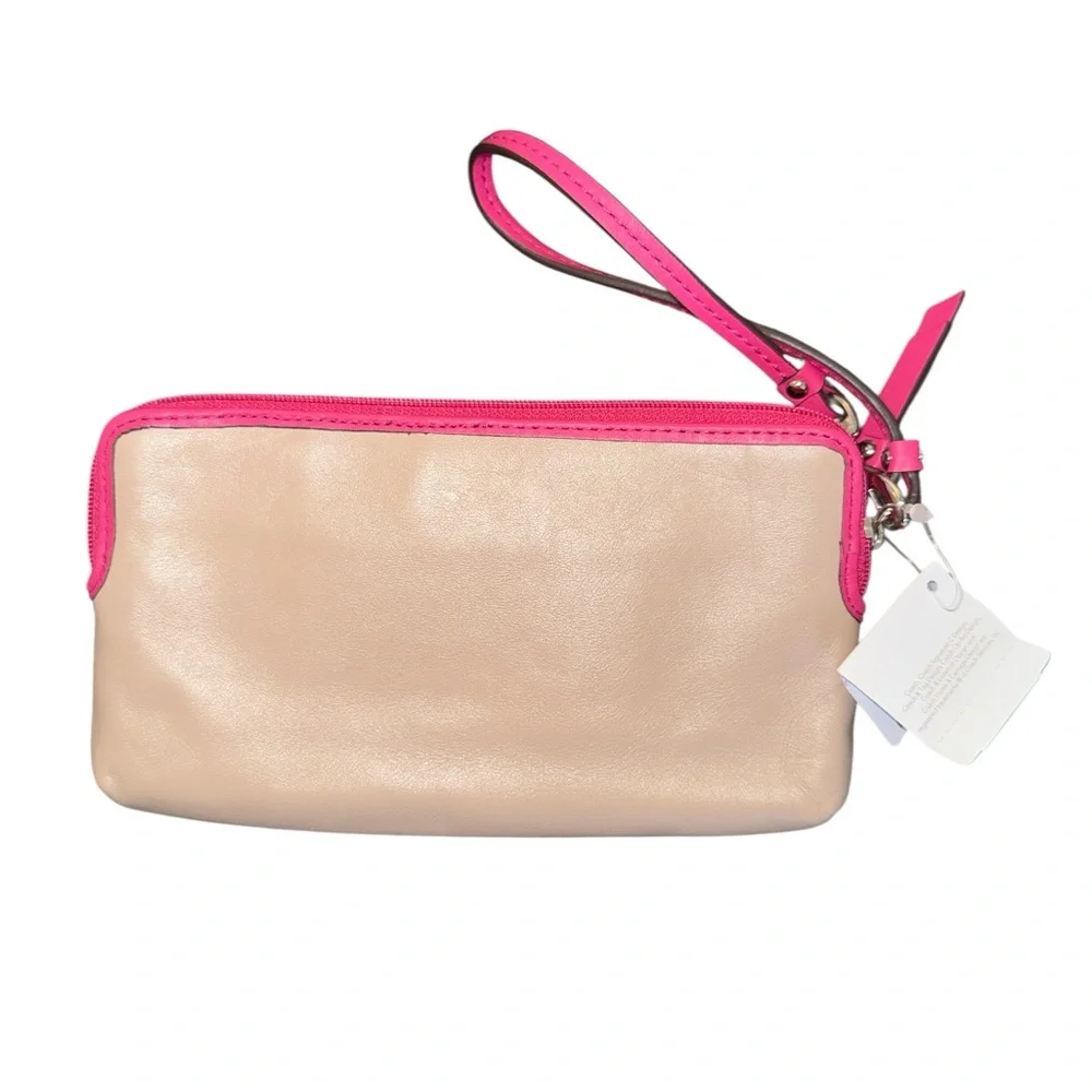 New w Tags NWT Coach Daisy Spectator Zip Wallet Wristlet tan pink coral leather - Picture 3 of 3